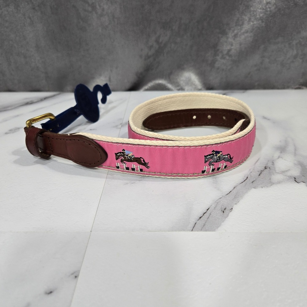YRI Designs Belt Womens 26 Pink Equestrian Horse Ribbon Leather Brass NWT